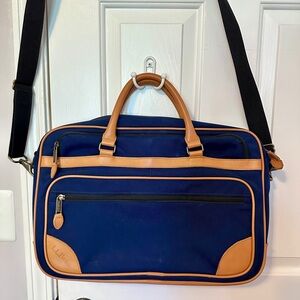 LL Bean Navy Blue & Tan Leather Trim Briefcase Laptop Bag